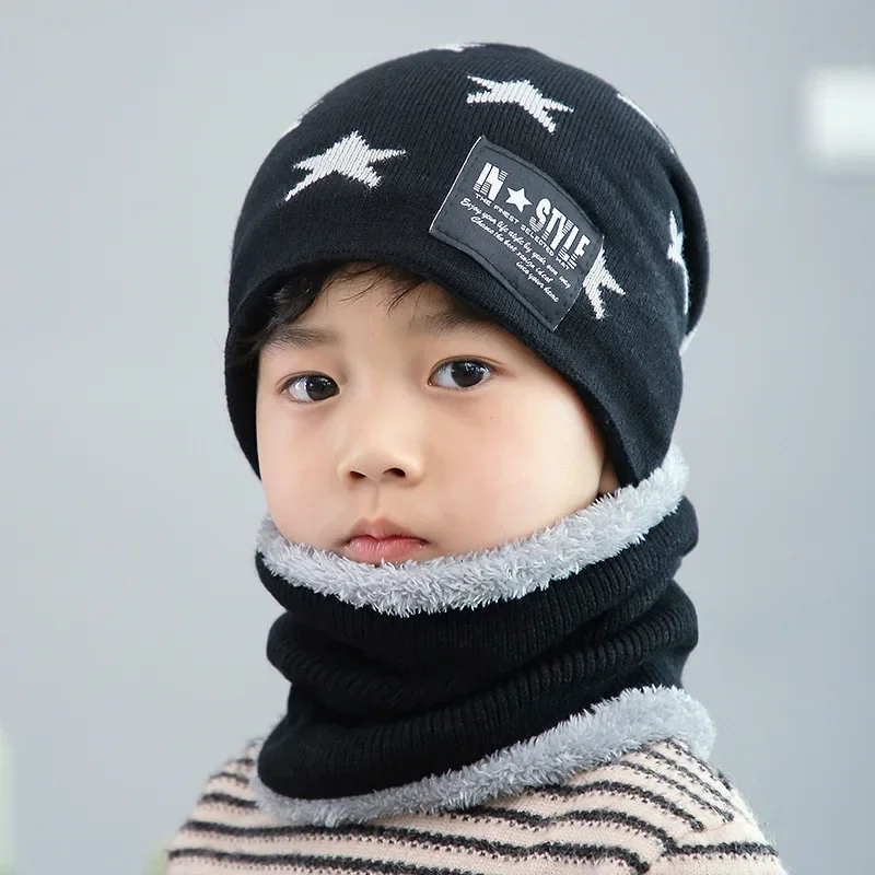 1set of cute children's winter woolen cap neck cover, thickened warm knitted cap, baby and children's cap, hat and scarf set