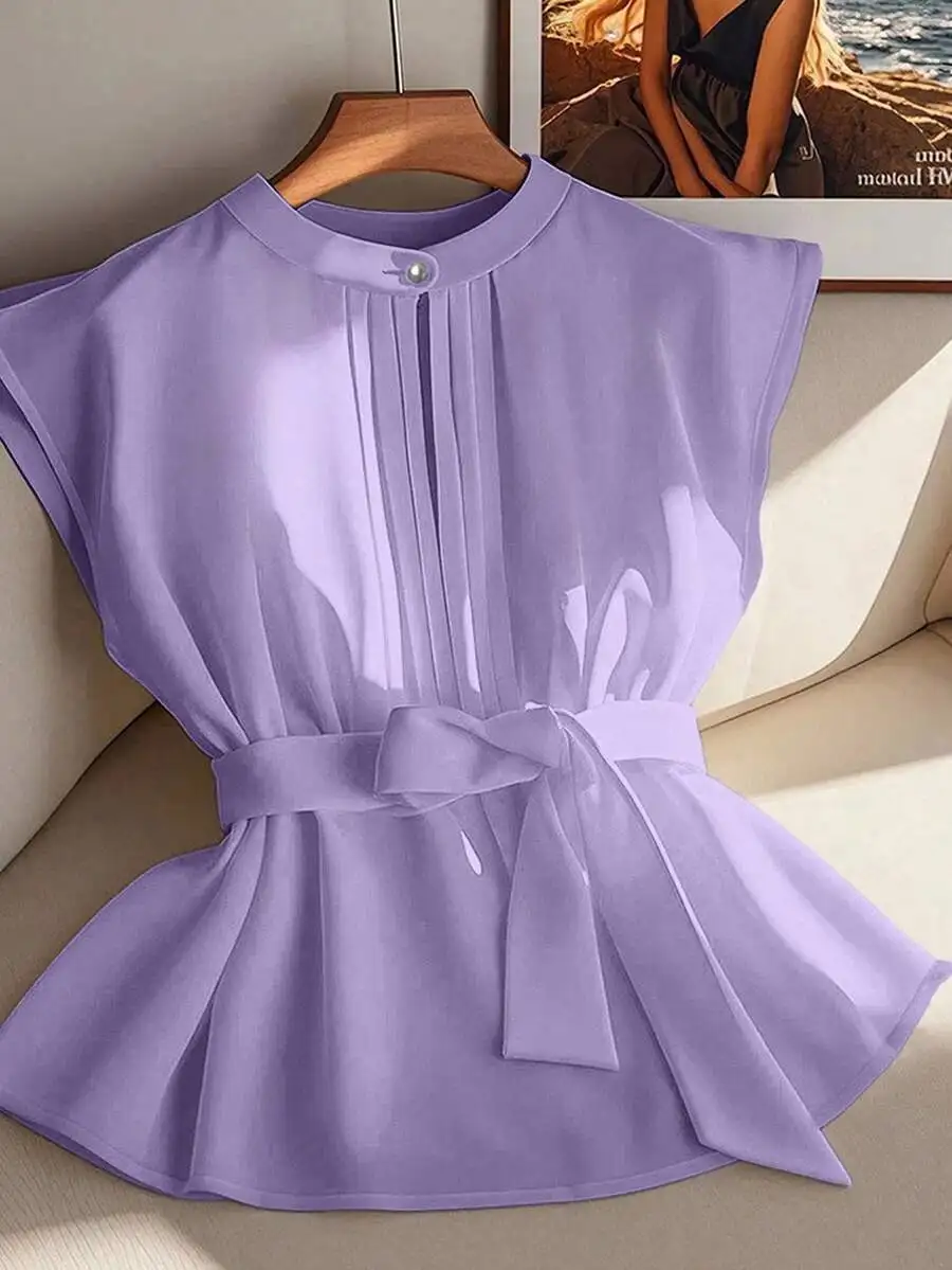 

Purple Sleeveless Blouse With Bow Belt, Mandarin Collar, Casual Chic Top For Spring Summer