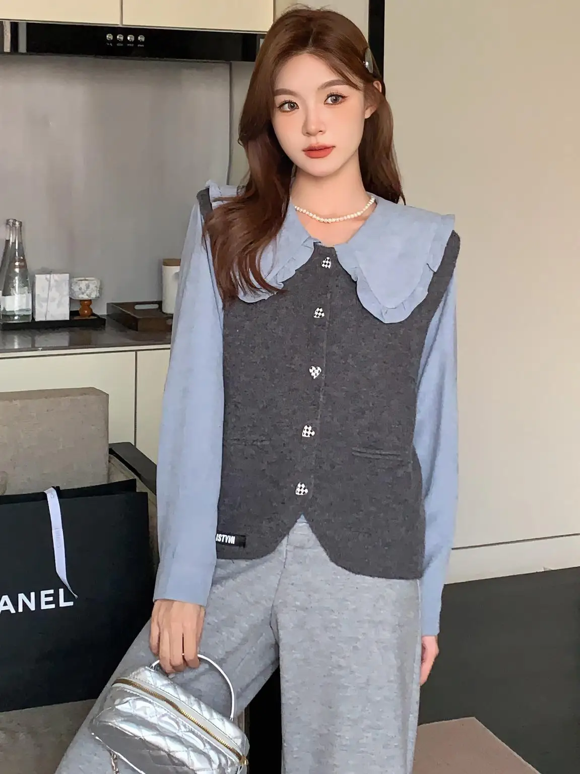 

Комплект женской одежды ISNI Store: вязаный жилет с цветочным воротником и юбка, осенне-зимний, новый, из полиэстера