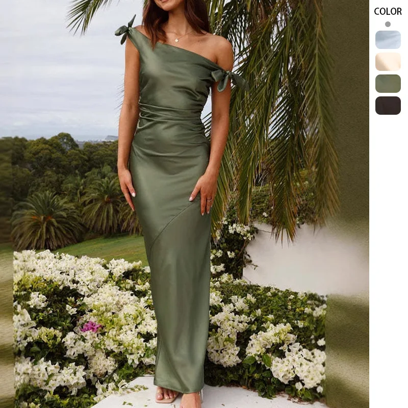 

Summer 2025 Off-the-shoulder One-shoulder Neck Temperament Straps Elegant Sexy Dress Elastic Tight Hip Long Skirt
