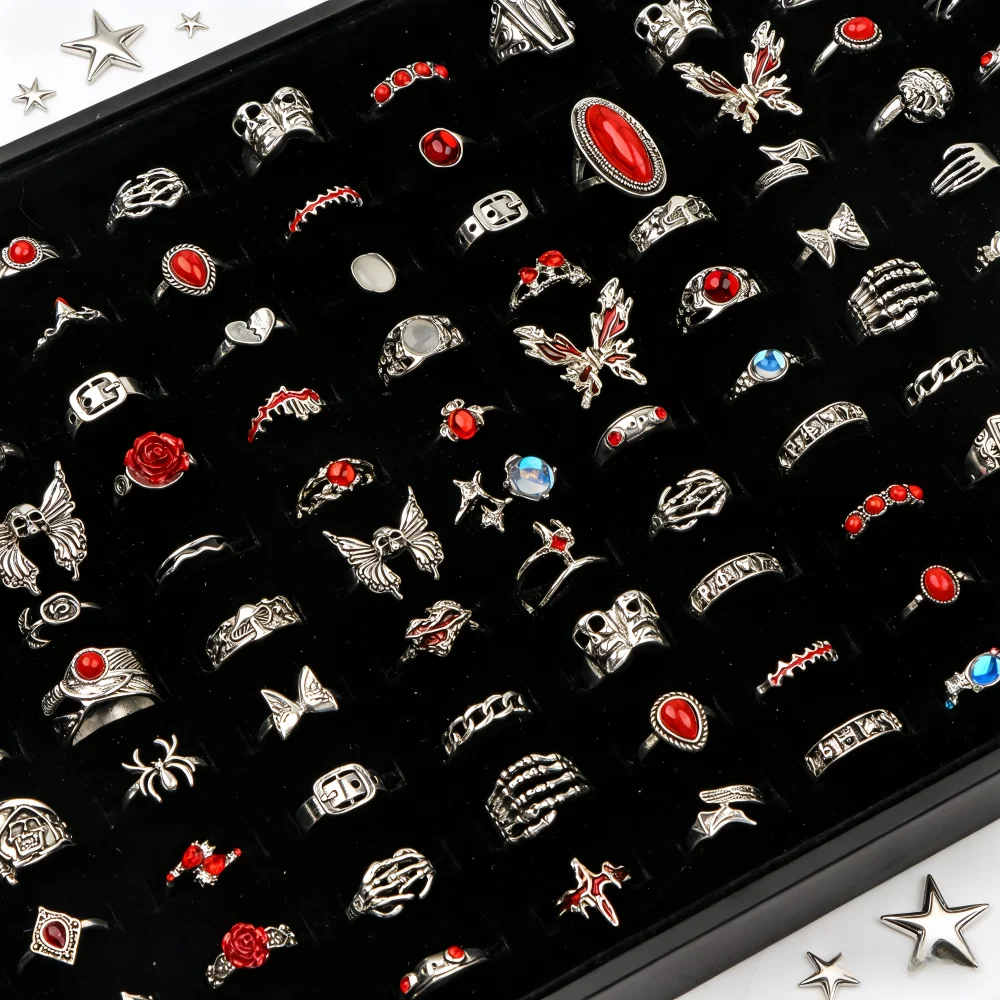 10/20/30/50Pcs Fashion Vintage Punk Gothic Charm Rings For Women Butterfly Rose Skull Mix Style Jewelry Rock Party Gifts