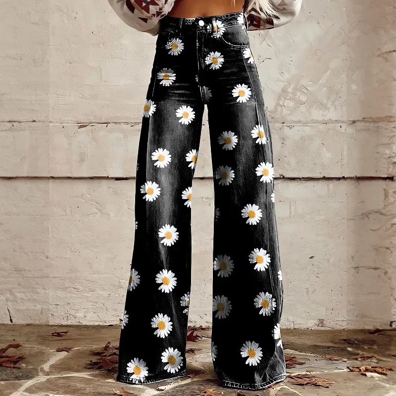 Cross-border European and American Foreign Trade Large-size Thin Imitation Jeans, Women's Casual Pants, Foreign Trade  Wide Legs