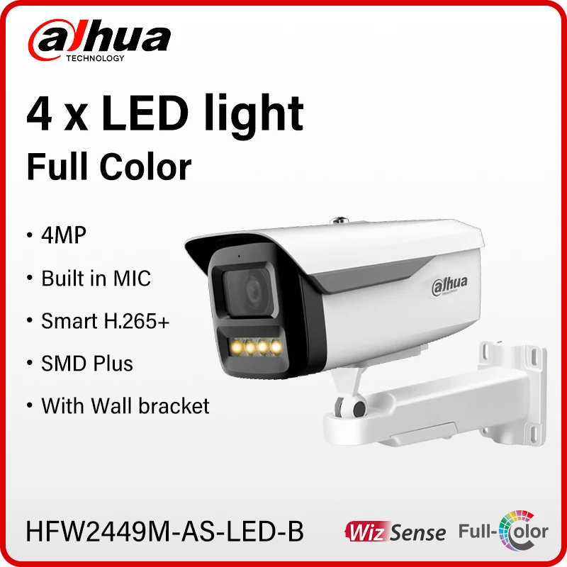 Dahua Outdoor 4MP Full Color Camera Smart Human Detection 4 Warm Light UP to 50m With Mic Wall Mount Bracket HFW2449M-AS-LED-B