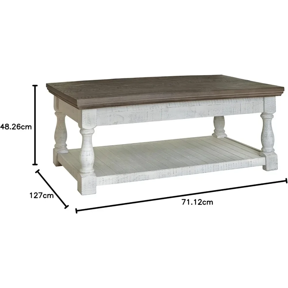 Table basse élévatrice avec étagère partenaire et 2 plateaux de rangement cachés, gris et blanc, finition patinée, ferme