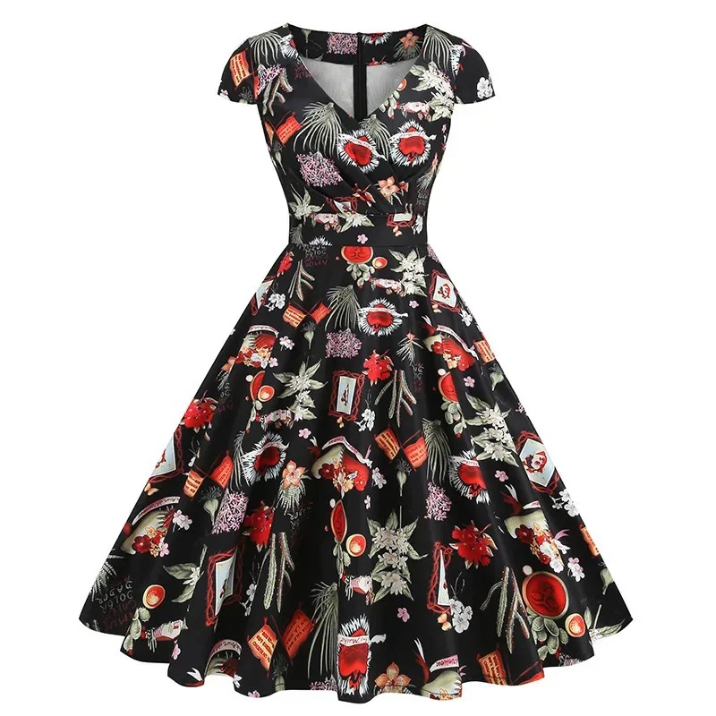 Vestido estampado cereza girasol 50s 60s Pin Up Rockabilly 2025 cuello en V ropa de verano mujeres Hepburn Vintage Swing vestidos de fiesta