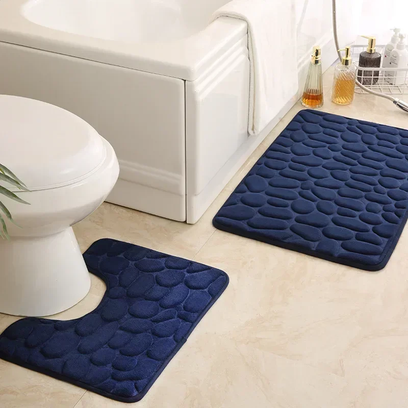 Cobblestone Embossed Carpet 2 Piece Set Absorbent Non-slip Mat Floor Mat Toilet Bathroom Mat