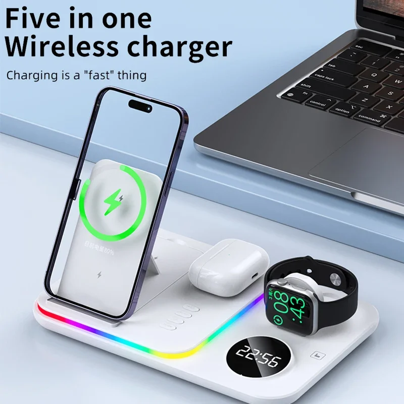 4IN1 Clock Wireless Charger Stand for Iphone 15 14 13 12 11 ProMax Airpods Apple Watch Touch Control With Light Charging Station