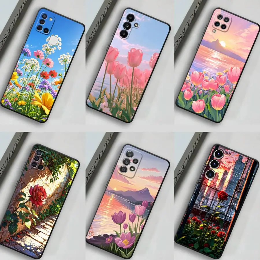 Case for Samsung Galaxy A71 A73 A02s A03 A53 A05 A04 A20s A50 A56 A06 A30s Phone Cover Tulips Daisies Roses