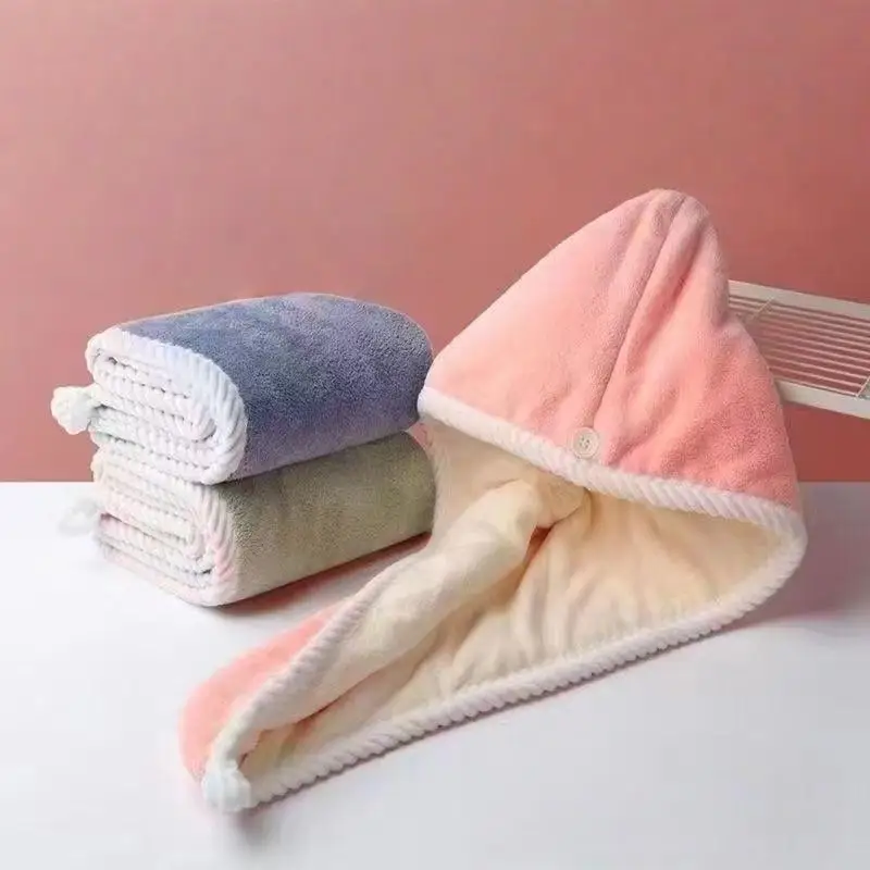 1/3Pcs Color Block Microfiber Hair Drying Cap Double Layer Quick Absorbent Hair Turban Towel With Button Bath Shower Accessory