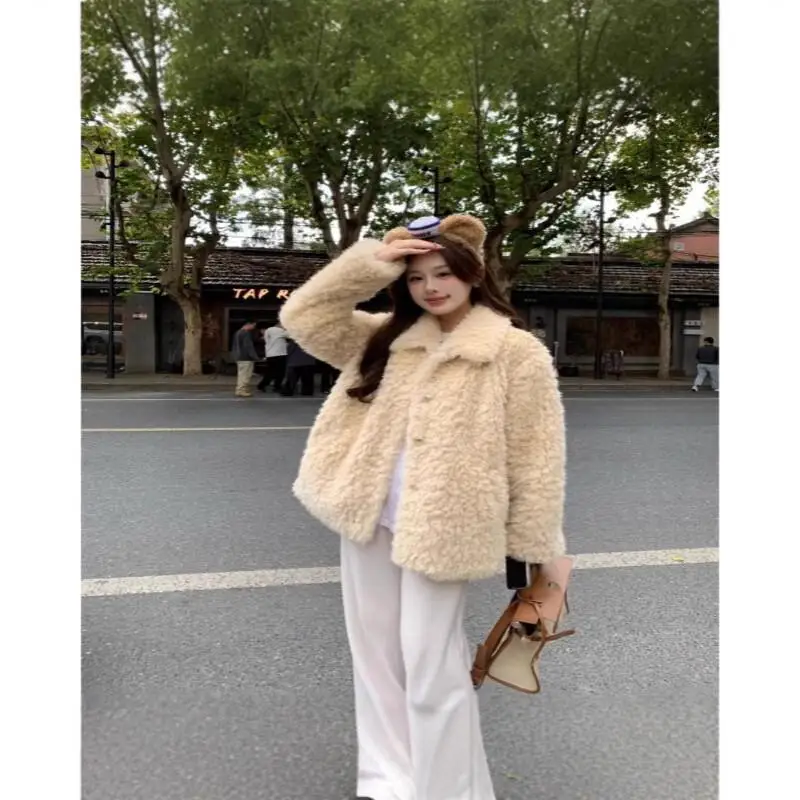 Roupa diária ao ar livre 2025 nova pele do falso lã de cordeiro outono inverno casaco feminino estilo coreano lapela grosso quente fofo solto design topos