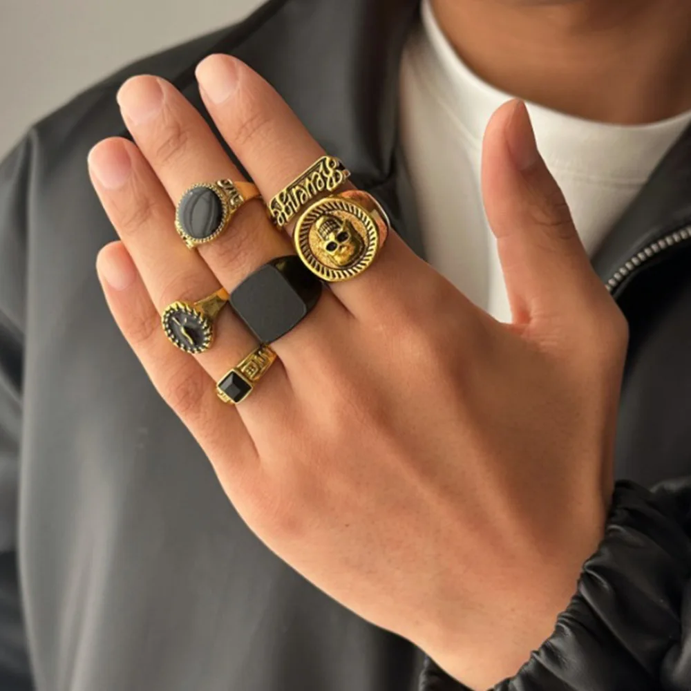 

6 Pcs for Set Retro Rings for Men Luxury Geometric Unisex Personalized Fashion Party Decoration Jewelry The Best Gift