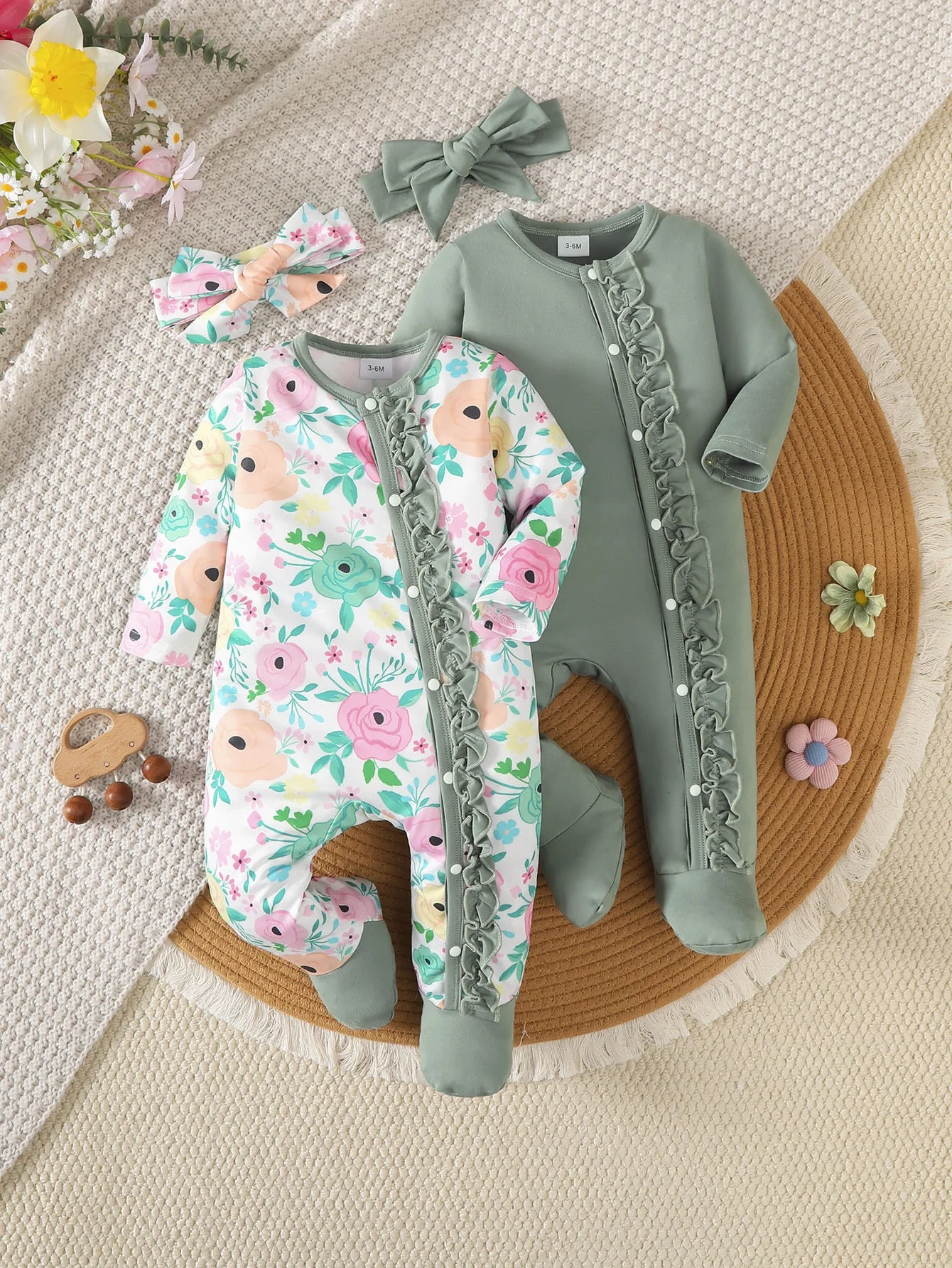 

Winter 0-1 Years Old Infant Baby Floral Prints Long Sleeved Jumpsuit Casual 2-Piece Set