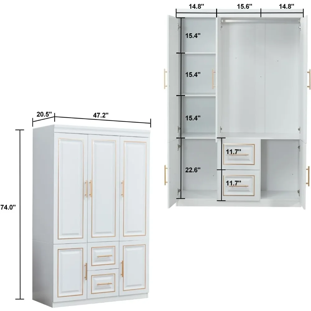 Wardrobe Closet with 3 Doors and 2 Drawers and Hanging Rail Bedroom Armoires Wood Clothes Storage Cabinet with Metal Handles