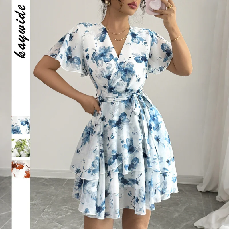 

Leisure Vacation Printed Short Sleeved Cake Skirt Half Length Skirt Dress Women'S Wear
