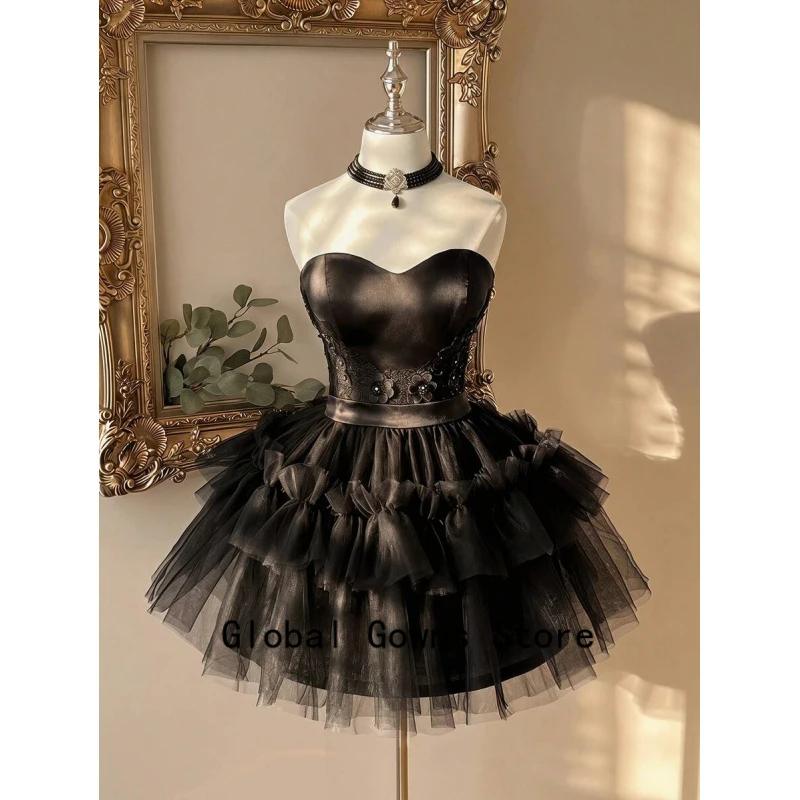 

Elegant Black Strapless Short Homecoming Dress Luxurious Handmade Waist Bubble Skirt For Prom Customized Выпускное платье