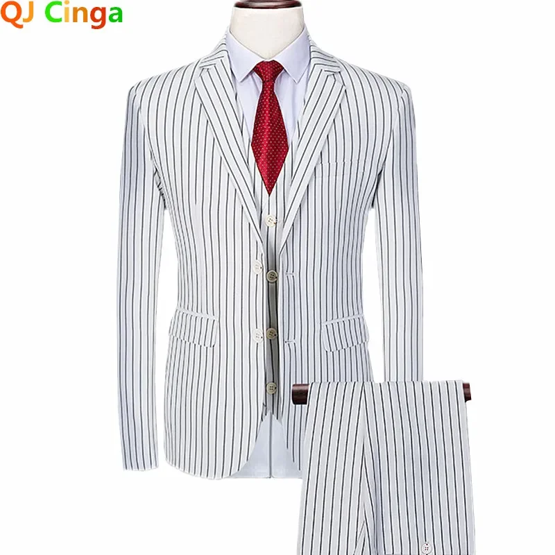 White Men's Striped Three-piece Set, Wedding Business Men's Suits,  Blue Black Terno Masculino, Asian Size Costume Homme, M-6XL