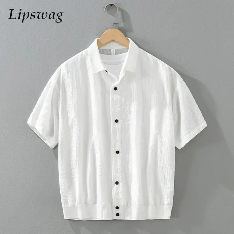 

Vintage Turn-down Collar Button-up Shirts Mens Summer Daily Leisure Breathable Short Sleeve Men's Shirt Solid Color Casual Shirt