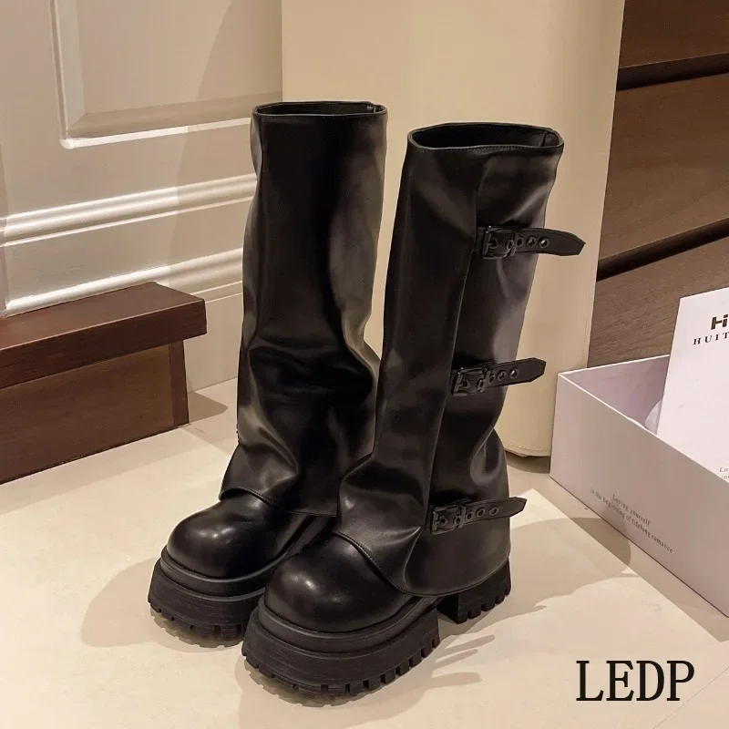 LEDP Brand Pant Boots 2024 Autumn New Trend Loose Buckle Set Feet High Round Head Thick Sole But Knee Boots Women's Shoes