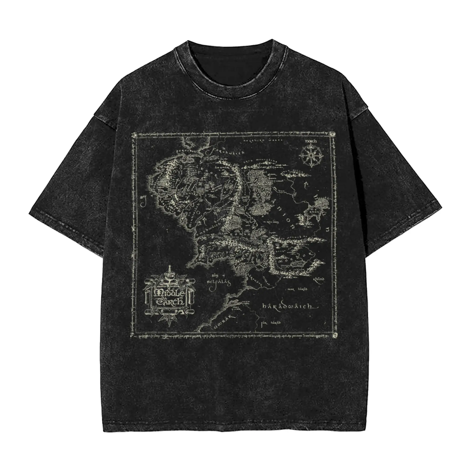 

L-Lords Of The R-Rings Map of Middle Earth Washed T Shirts Streetwear Hip Hop Vintage T-Shirts Tee Shirt for Men Women Street