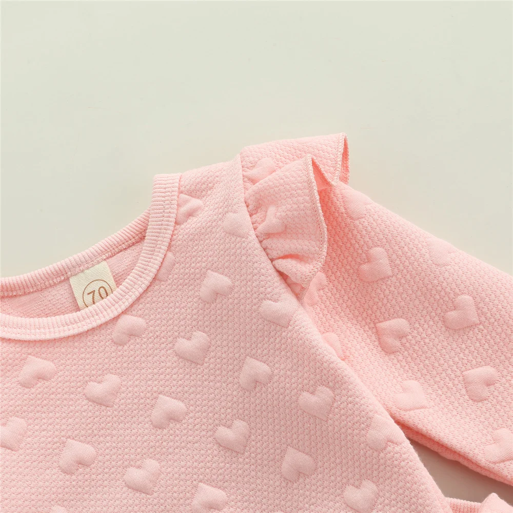 0-24Months Newborn Baby Girls Clothes Set Cute Pink Heart Print Ruffle Long Sleeve Tops Solid Color Front Bowknot Trousers