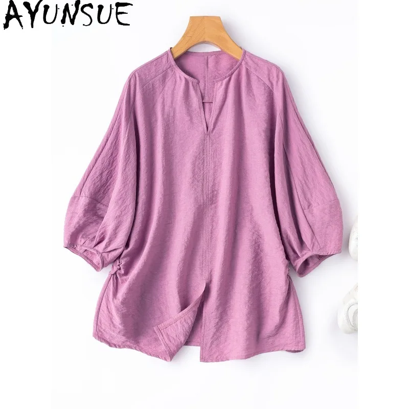 

AYUNSUE 78% Mulberry Silk Pullover Blouses Femme Casual Loose Summer Tops for Woman Solid V-neck T Shirt Woman Clothes Одежда