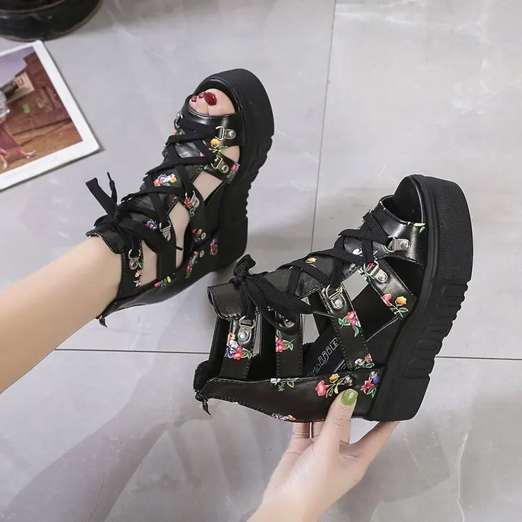 Zapatos de cuña de ocio con estampado novedoso para mujer, sandalias de verano 2023, cordones de plataforma, tacones altos, zapatos informales para mujer