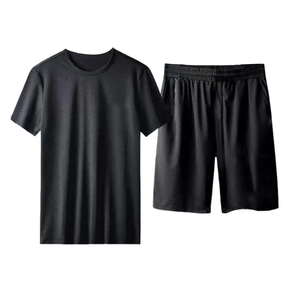 T-Shirt Shorts Set Casual Sportkleding Voor Heren Met O-hals Korte Mouw T-Shirt Wijde Pijpen Short In Effen Kleur Ijs Zijde Elastische Taille