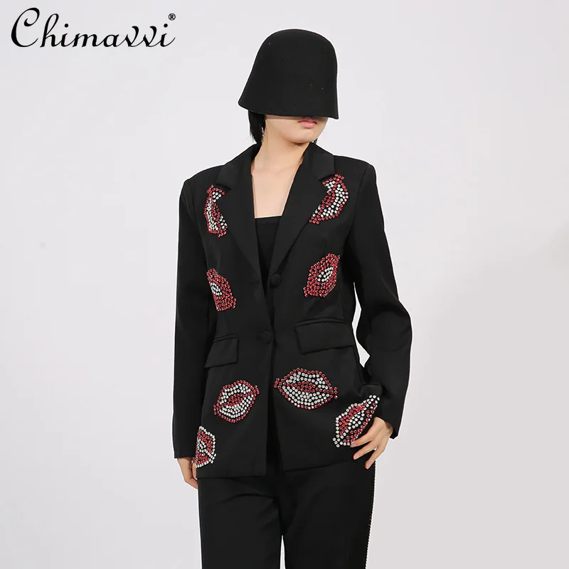 

French Elegant Commuter Black Jackets Heavy Industry Diamond Lip Pattern Single-Breasted Slim Versatile Blazer Suit Women Autumn