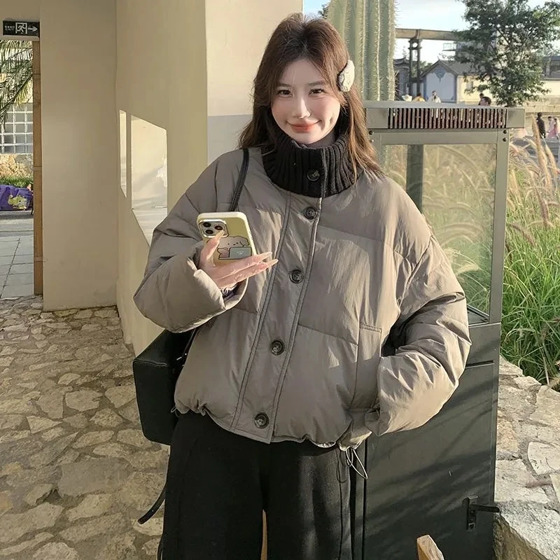 

Повседневная одежда с длинным рукавом, короткие пуховые пальто, модные новые осенне-зимние свободные женские куртки с хлопковой подкладкой, вязаный воротник-стойка