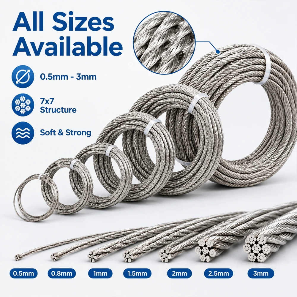 5m/10m Fishing Lifting Pulling Drying Rack 7x7 Stainlesss Steel Wire Rope 0.5-3mm Plastic Coated Cable Rustproof Heavy Duty