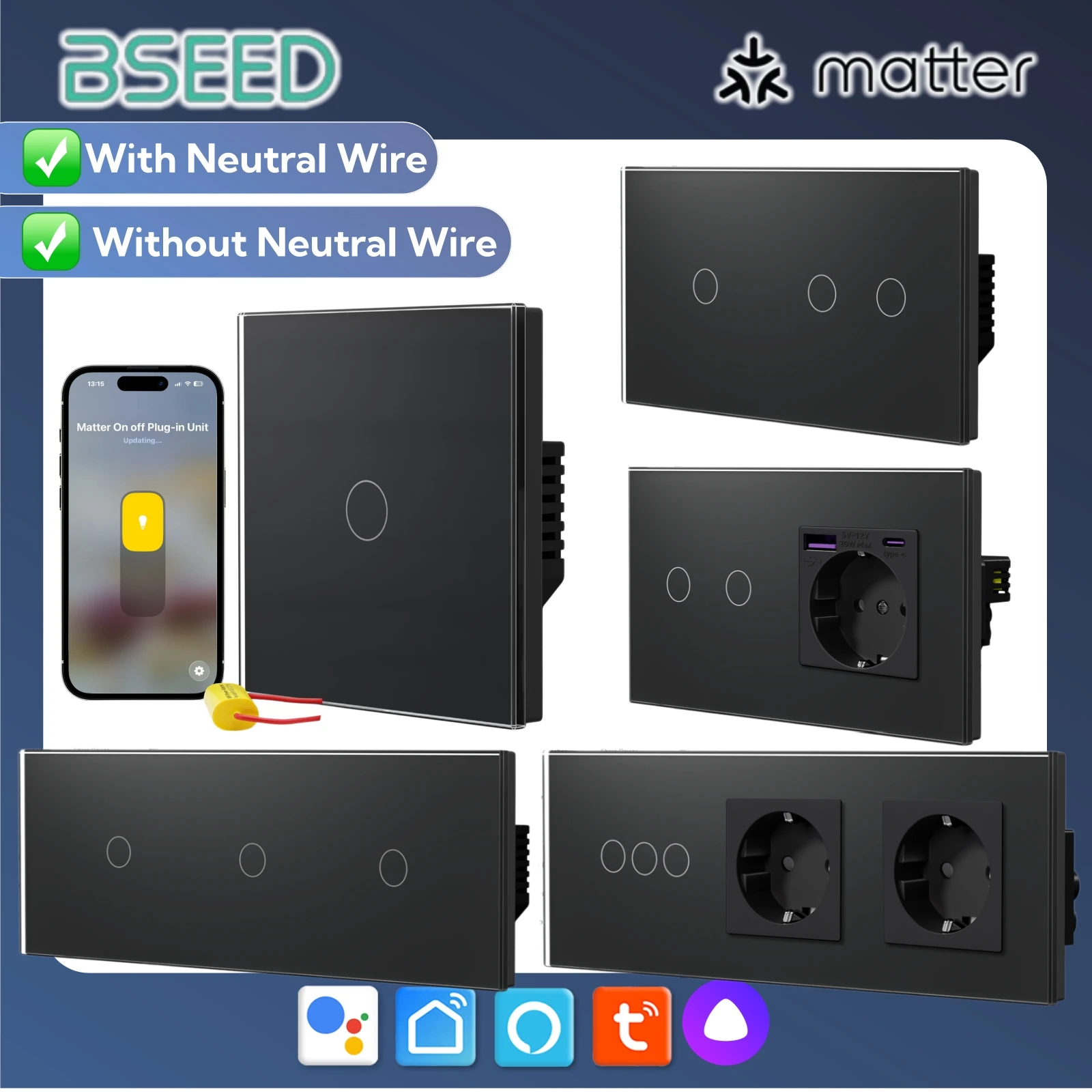BSEED WiFi Matter Smart Light Switch 1/2/3/4Gang with Socket With/No Neutral Wire Required For Tuya Smart Life Google Home