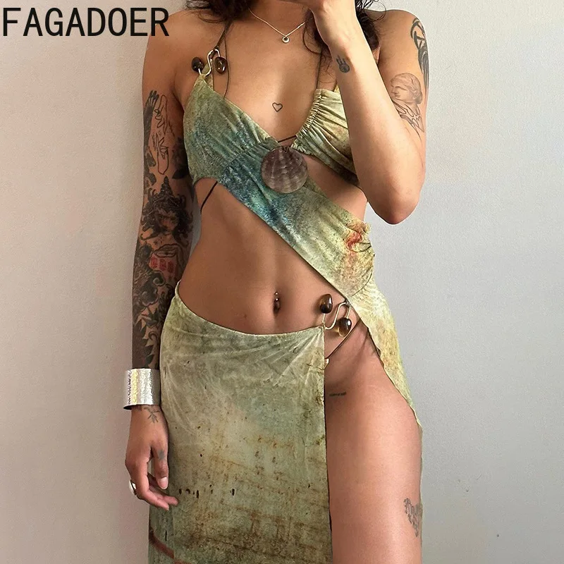FAGADOER Set da due pezzi stampato estetico sexy da donna con fasciatura all'americana e canottiera irregolare + gonne divise laterali alte streetwear femminile