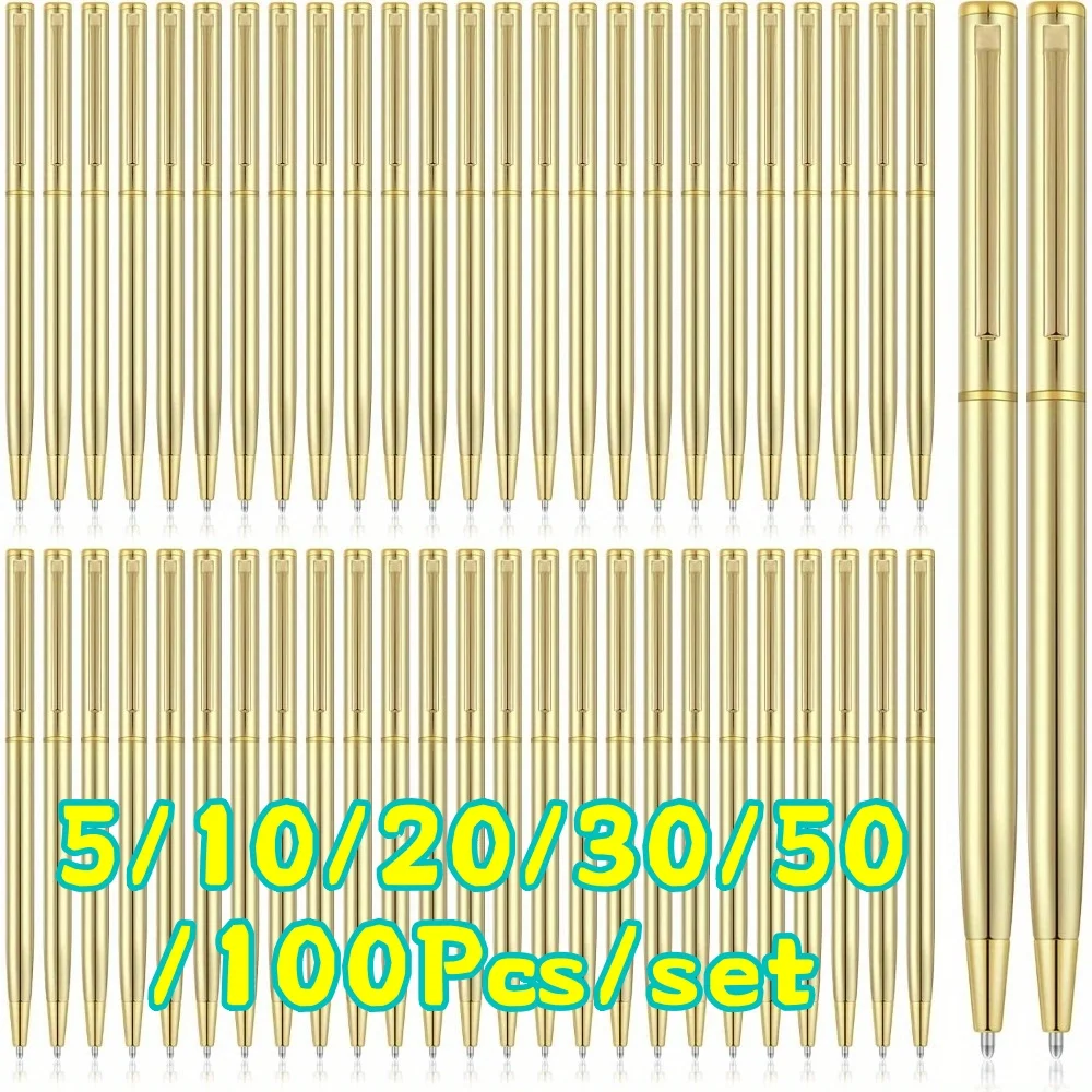 5-100Pcs Gold Metal Slim Ballpoint Pens Bulk Retractable Metallic Black Ink 1 Mm Medium Point Smooth Writing Pens