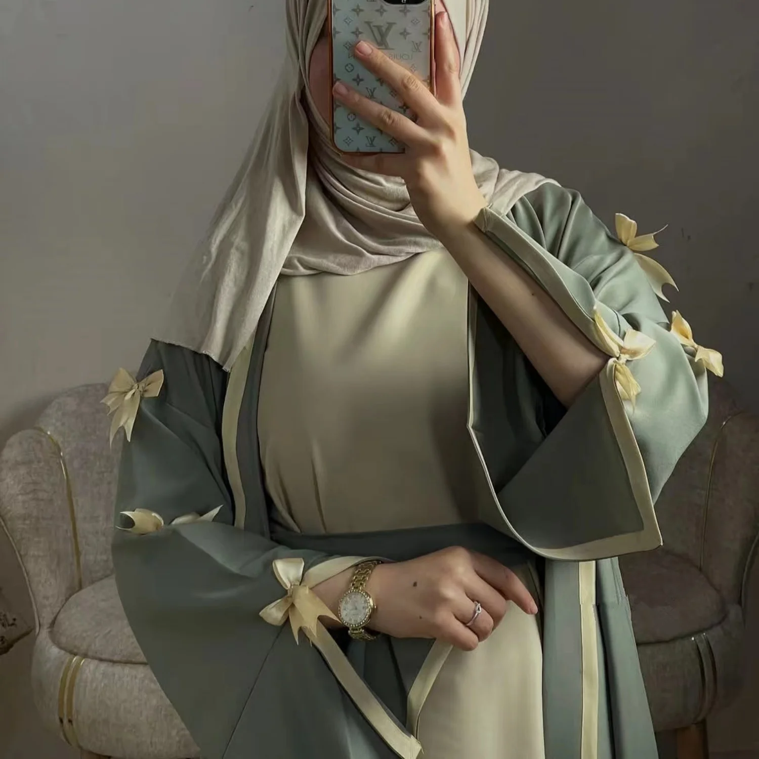 

Bowknot Kimono Abaya, Side Pockets Muslim Women Open Abaya, Dubai Turkish Modest Islamic Clothing Sweet Hijabi Outfit