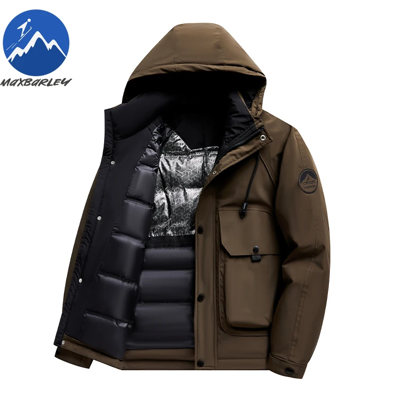 マックスバリ スノーダウンジャケット ユニセックス 冬 2026 高級ホワイトダックダウン 暖かいコート メンズ カジュアル ハイキング 超軽量 フード付きパーカー パファージャケット