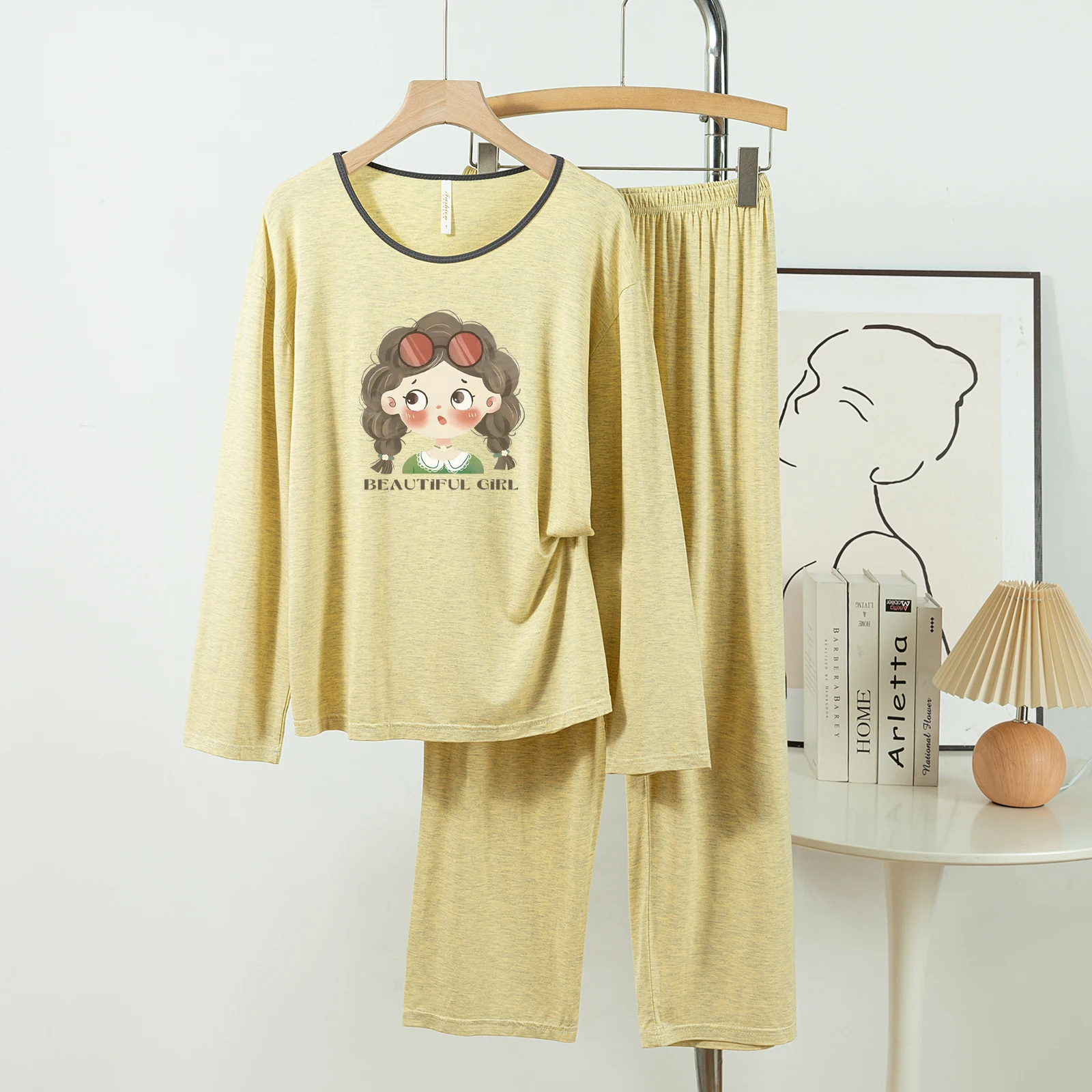 

5181-07 Повседневная и удобная женская пижама из модального хлопка, новые весенне-осенние длинные брюки с длинными рукавами, однотонный повседневный комплект одежды для дома