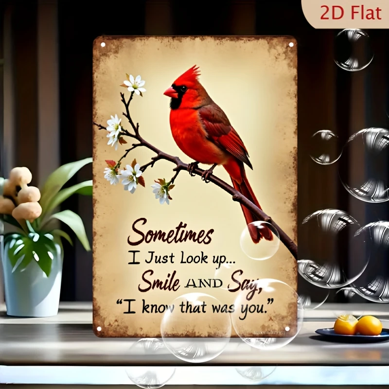 [2D Flat] Vintage Aluminum Metal aluminum Sign Wall Decor- 12x8inch Vintage Red Cardinal Bird and Floral Pattern