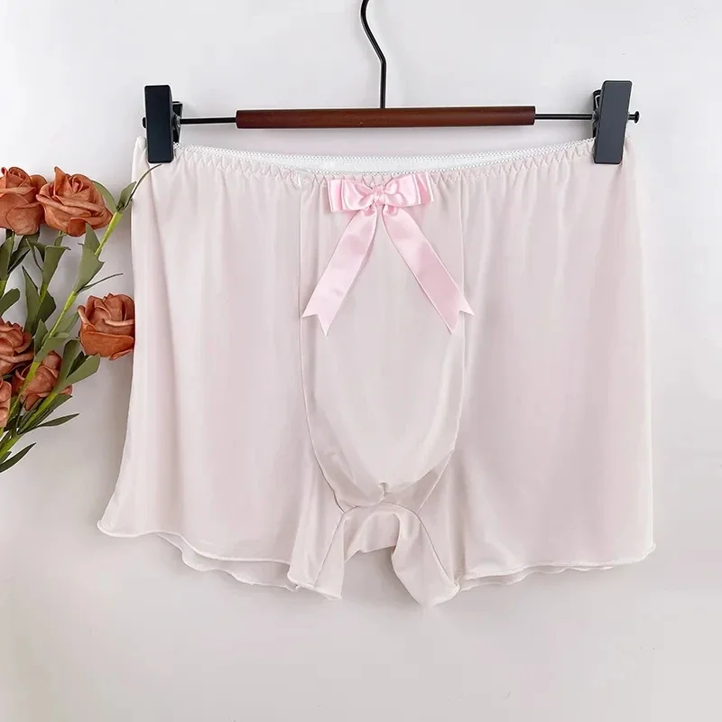 Slip boxer da uomo in seta di ghiaccio morbido con papillon rosa Sissy Mutandine a vita bassa Spettacolo dal vivo Costumi sexy da ballo Costumi sexy per feste BF