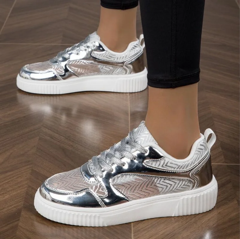 Metal Color Sneakers Casual Vulcanized Sport Shoes Fashion White Shoe for Woman Flats Shoes Summer Breathable shoes Women