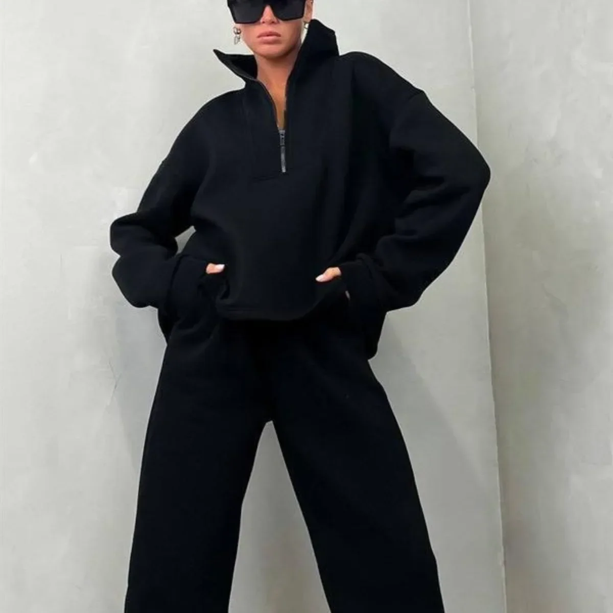 Women Pant Sets Zipper Splice Stand Collar Tops Two Piece Sets Matching Sets Tracksuit Straight Long Pants Set Y2k Elastic Waist