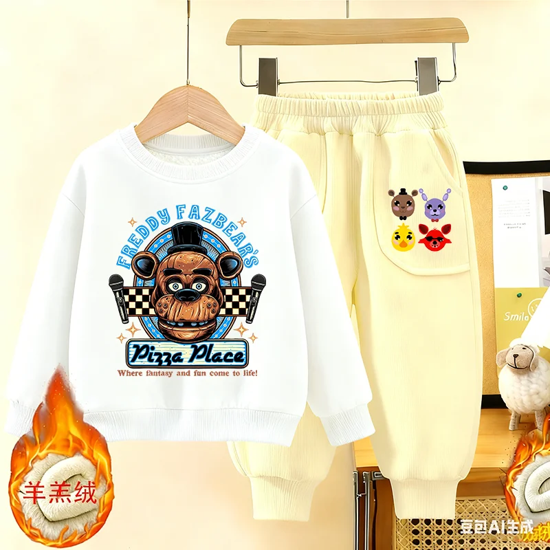 

Детский комплект Five Nights At Freddy's 2, толстовка с круглым вырезом + штаны, детская домашняя одежда с рисунком аниме, зимняя толстая толстовка из овечьей шерсти