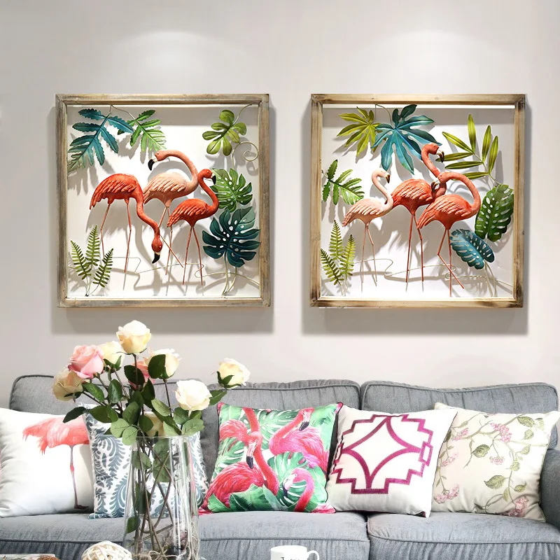 Pastoral Style Wrought Iron Wall Decoration Flamingo Porch Three-dimensional Wall Decoration Living Room Background