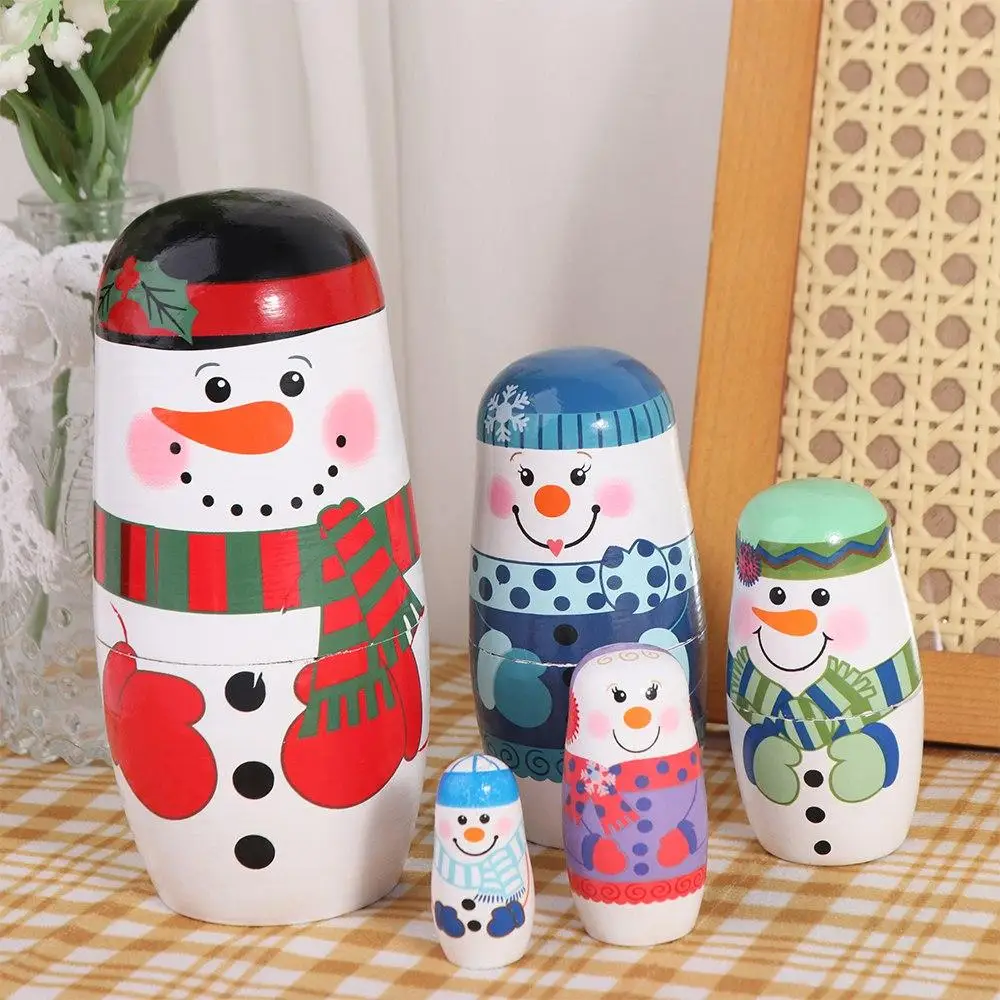 Handicrafts 5Pcs/Set Xmas Matryoshka Doll Wood craft Snowman Russian Doll Smooth Safe Christmas Nesting Dolls Xmas