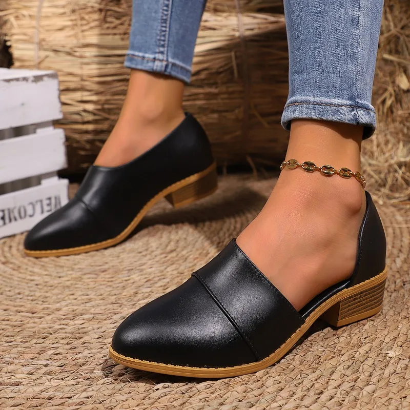 

Новая летняя модная кожаная женская обувь 2024, повседневная обувь большого размера с острым носком на толстом каблуке, туфли на платформе и каблуке Женская Обувь