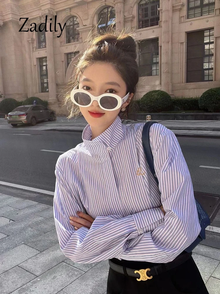 Long Sleeve Striped Blouse for Women, Office Lady, Button Up Embroidery, Stand Neck, Crop Tops, Korean Style, Summer, 2024