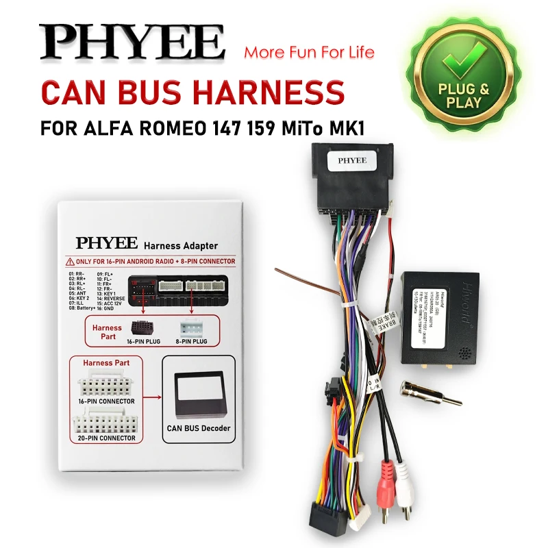 

Mini-ISO Harness with CAN Bus Decoder for Alfa 147 159 MiTo MK1 Giulietta 2010-2013, SWC Retention, P&P 16Pin Android Adapter