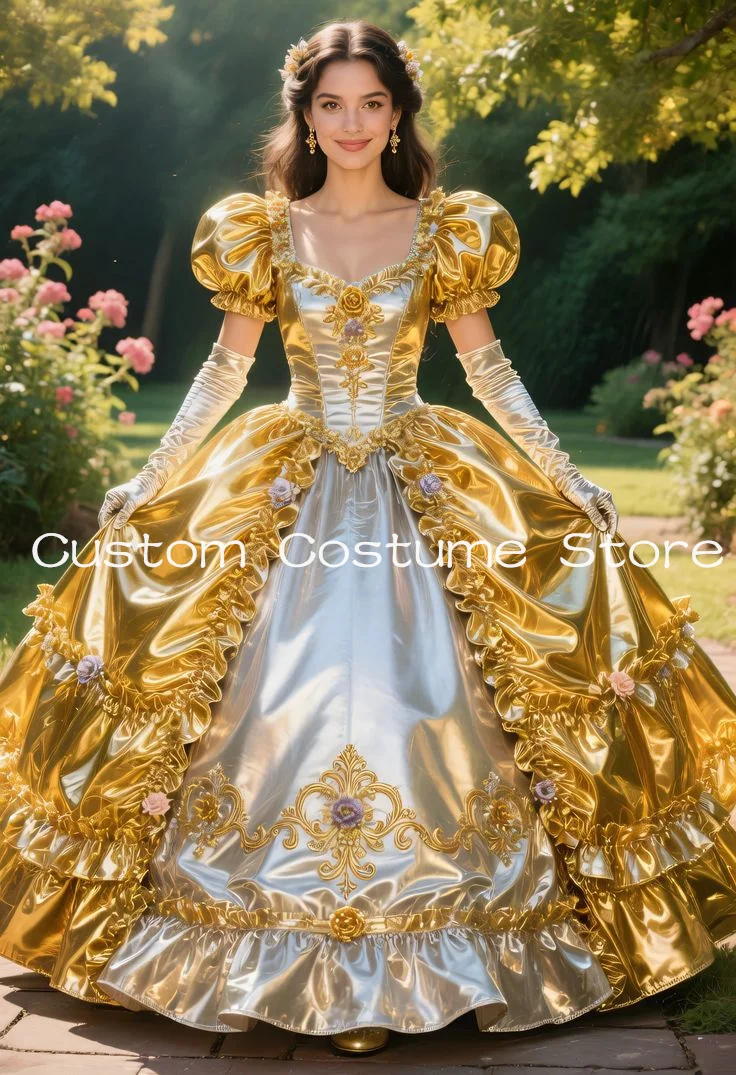 Glänzende Gold-Silber Prinzessinnen-Viktorianische Abendkleider mit Rüschen, Korsett und Schnürung, Belle-Ballkleider, Maskerade-Kostüme, Maßanfertigung