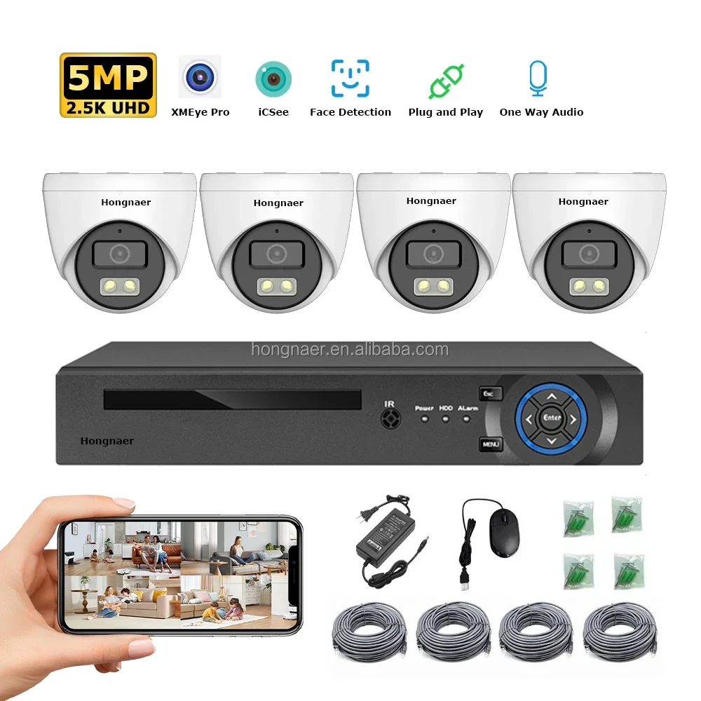 2026 Hongnaer 4MP 5MP 8MP 4CH 8CH Indoor Dome IP NVR Home POE Security Camera Set Kit Surveil System 4K Wireless CCTV Camera Sys