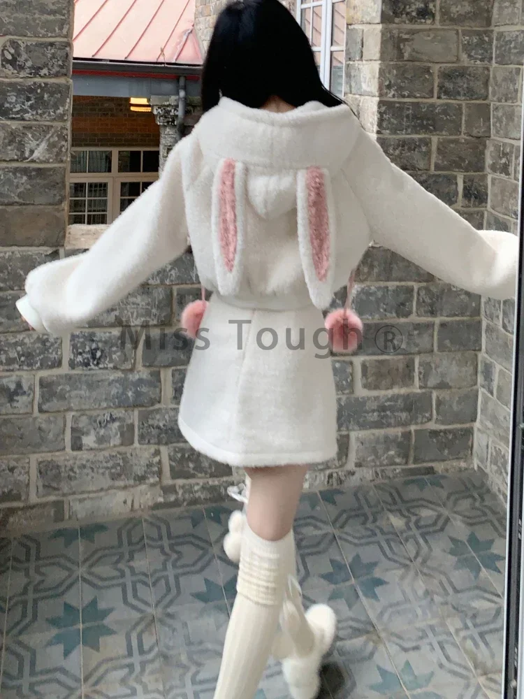 Japanese Kawaii Lolita New 2 Piece Set Women Wool Sweet Elegant Y2k Warm Suit Female Hooded Coat + Cute Mini Skirt Winter 2024