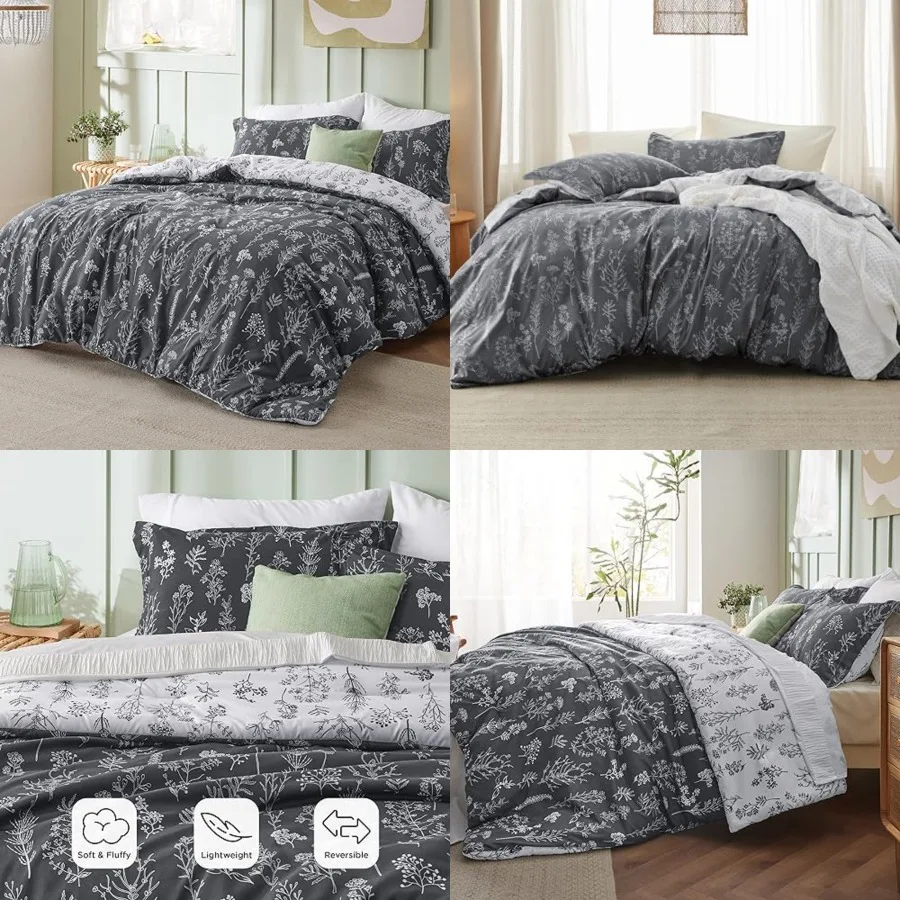

Comforter Set - Dark Grey Bed Set, 3 Pieces Cute Floral Bedding, 1 Soft Reversible Botanical Flowers Comforter and 2 Pillow Sha